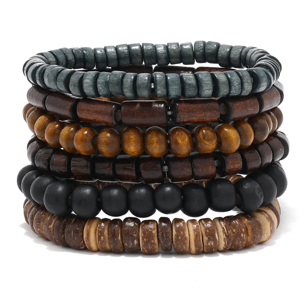 6pcs/set Fashion Men's Hand-beaded Bracelet Vintage Style Multi-layer Stretch Wood Bead Shell Charm Bracelet