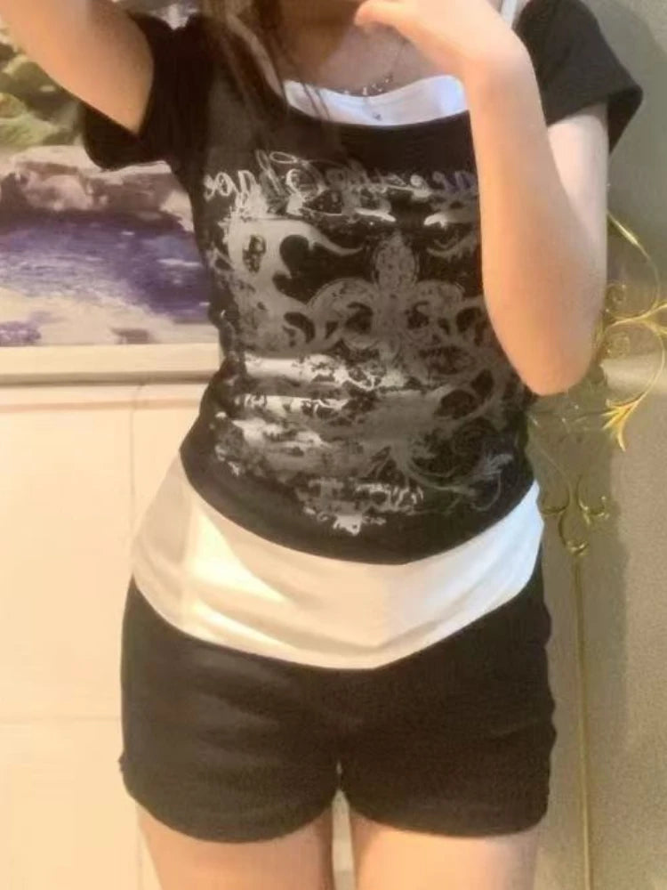 Black Gothic Short Sleeve Vest 2 Layer Top Y2K Style