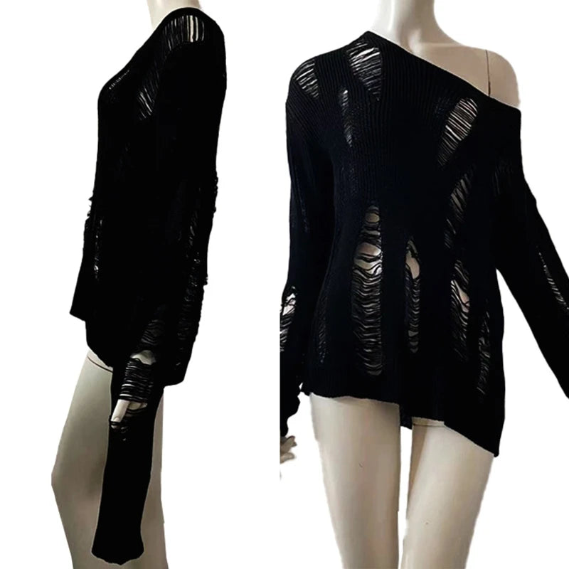 Gothic Punk Black Long Sleeve Sweater Ripped Knit Pullover Jumper