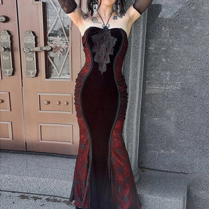 Victorian Gothic Velvet Lace Mesh Vampire Long Mermaid Dress