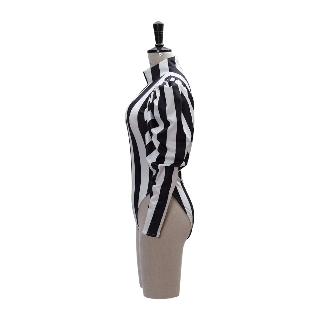 Sexy Gothic Black White Striped Bodysuit Cosplay Halloween Fancy Dress