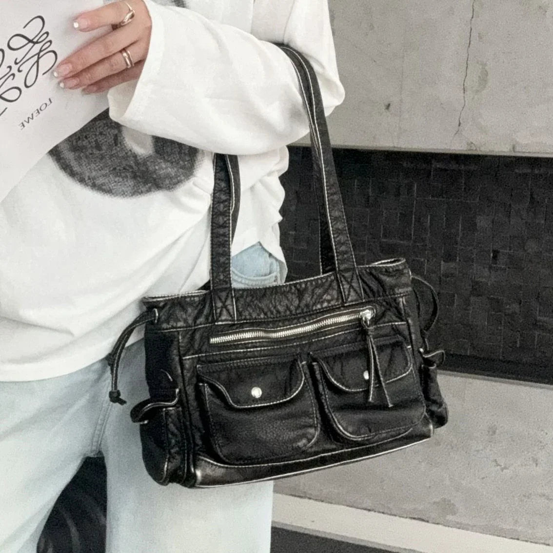 Punk Multiple Pockets Motorcycle Bag Retro Shoulder Bags Soft Pu Leather Handbags