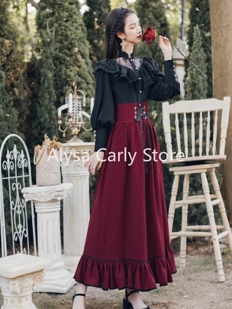 Vintage Gothic Black Lace Ruffle Blouse, Lace-up Long Skirt Outfit