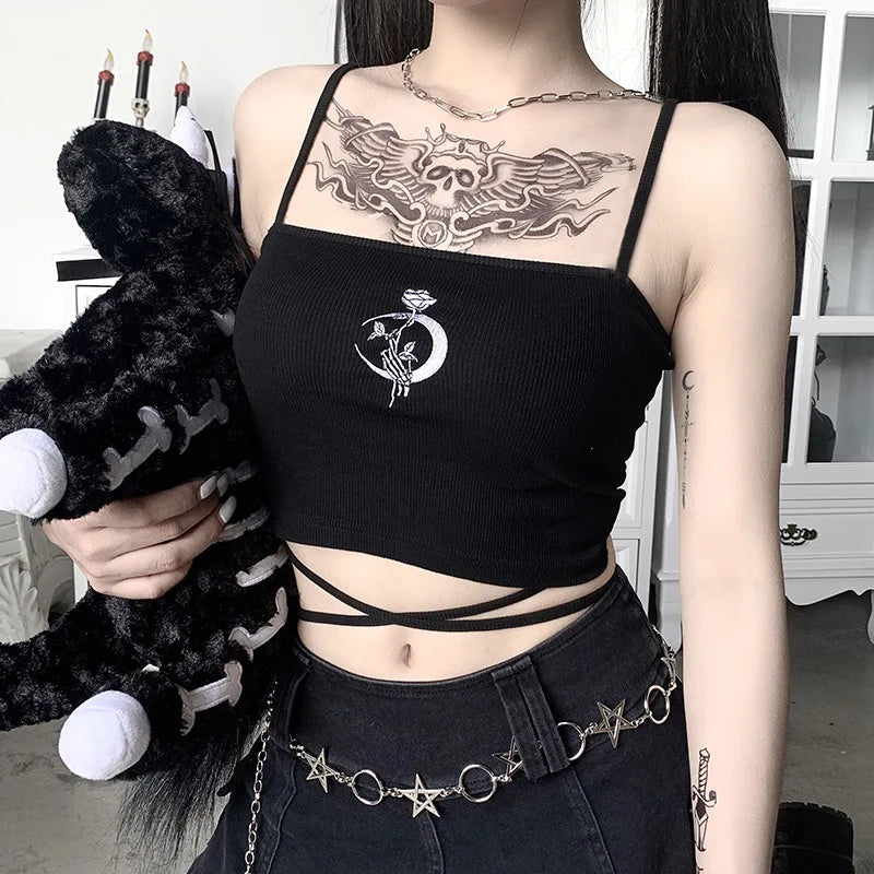 Gothic Black Moon Strappy Summer Crop Top