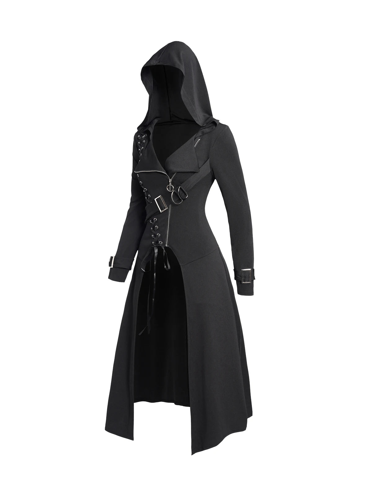 Long Black Hooded Coat Punk Gothic Lace Up Zip Longline Jacket