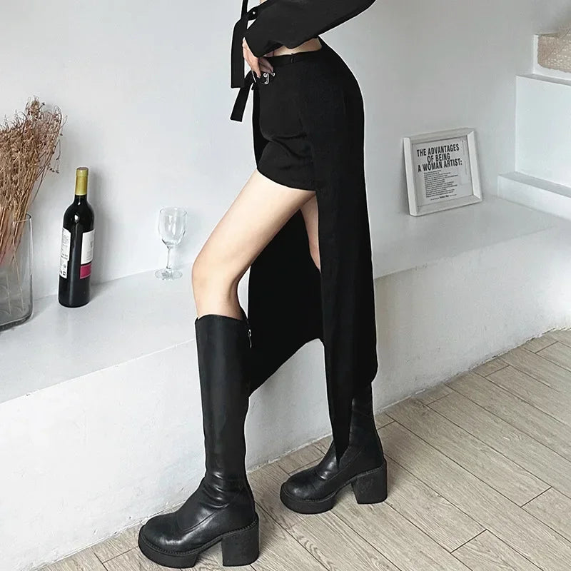 Sexy Gothic Black Long Punk Goth Slit Belt Skirt