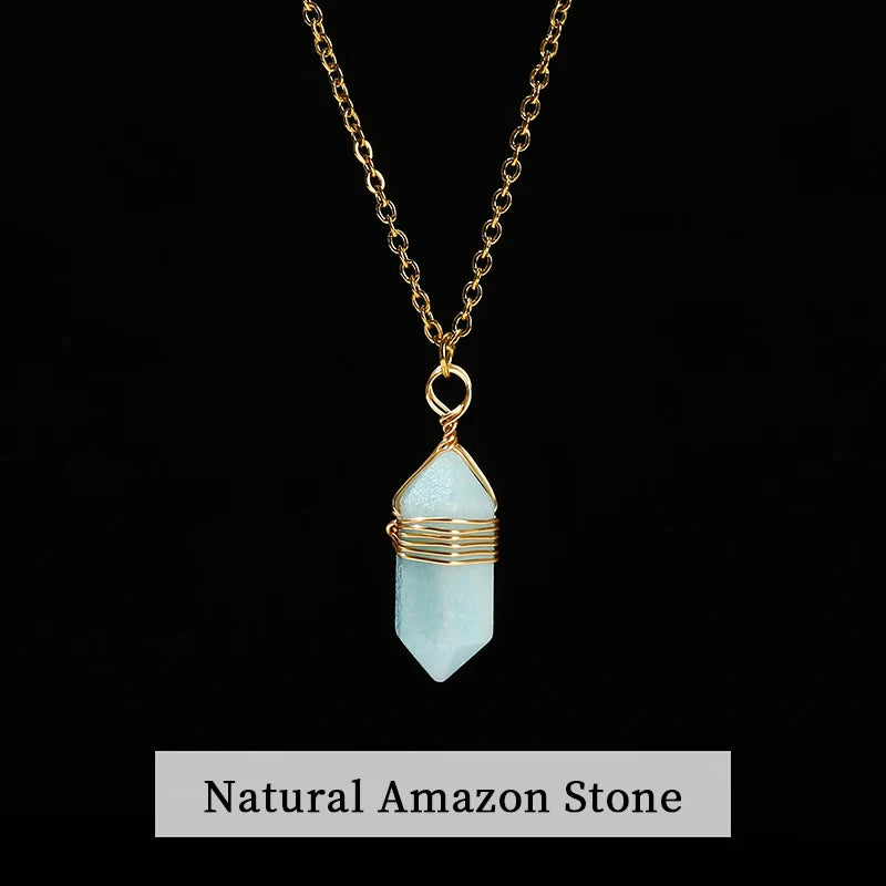 Crystal Pendant Necklace Handmade Stainless Steel Gift Pink Quartz Amethyst Hexagon