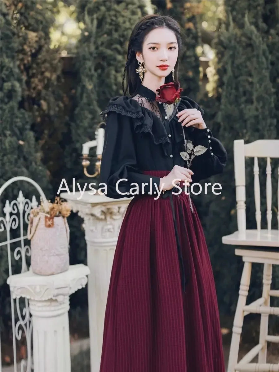 Vintage Gothic Black Lace Ruffle Blouse, Lace-up Long Skirt Outfit