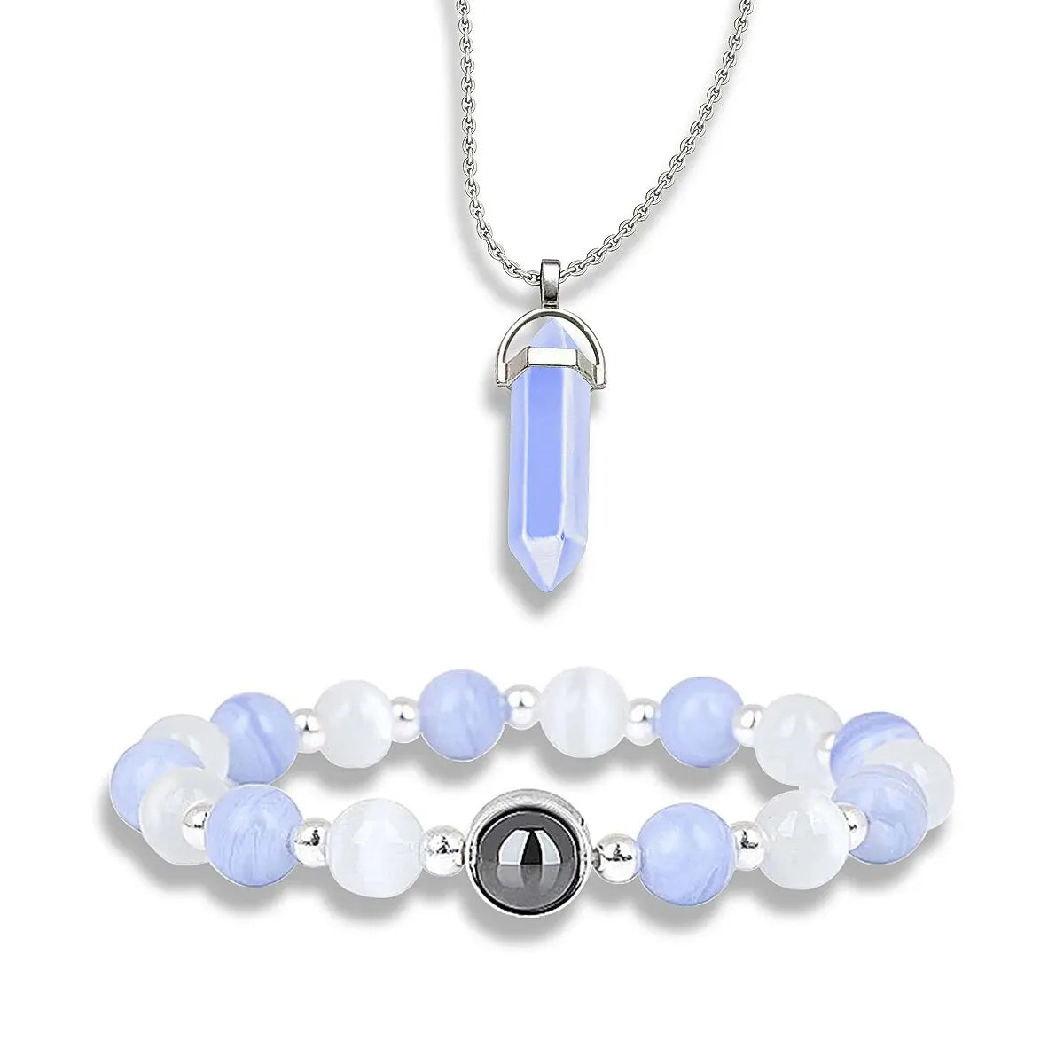 Anxiety Energy Healing Necklace Pendant, Round Bead Crystal Bracelet Jewellery Set