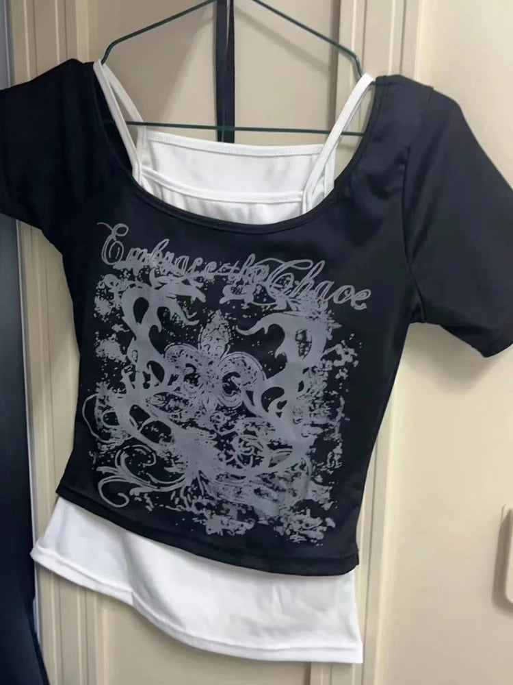 Black Gothic Short Sleeve Vest 2 Layer Top Y2K Style