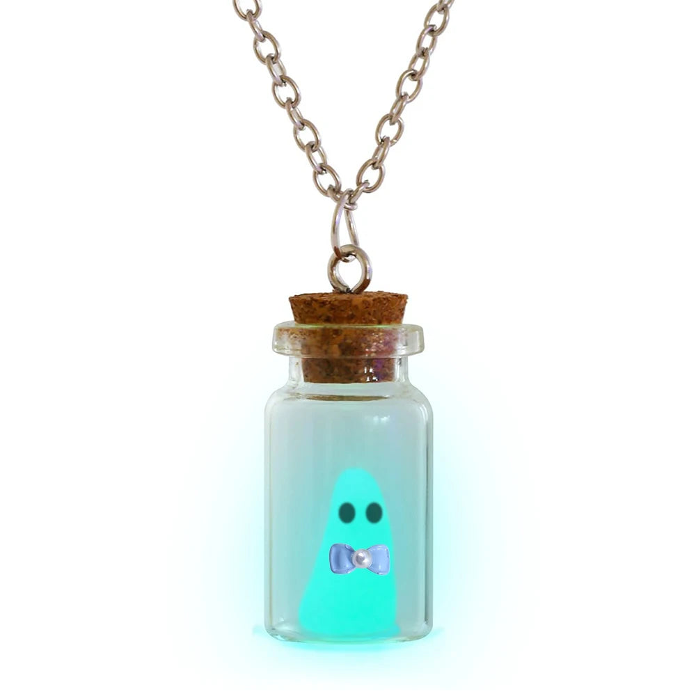 The Adopt A Ghost Necklace, Glow-In-The-Dark Halloween Necklace, Tiny Ghost in A Bottle Pendant Necklace