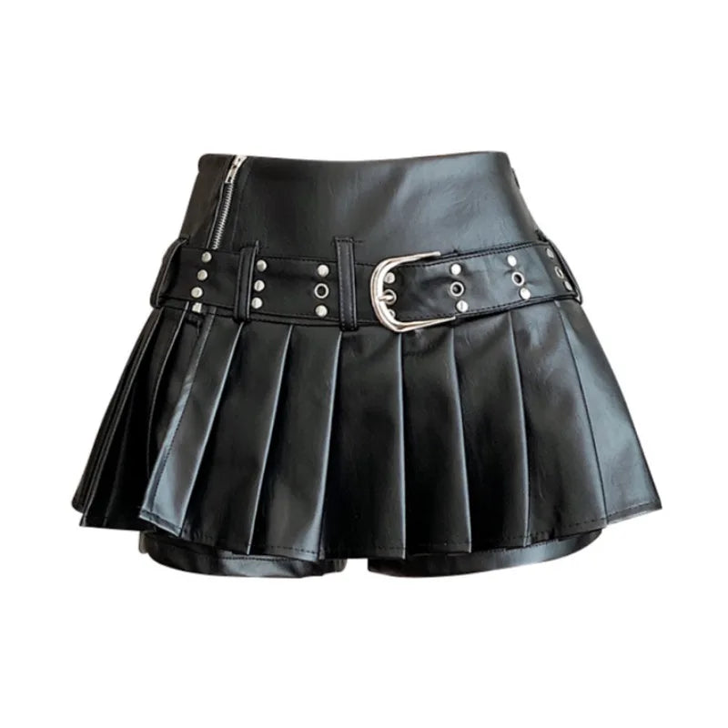 Sexy Black PU Leather Pleated Mini Skirt Skort Clubwear