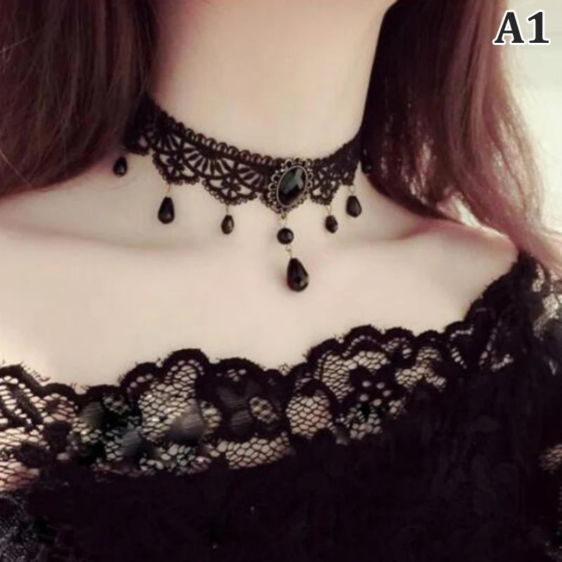 Gothic Chokers Crystal Black Lace Collar Necklace Vintage Victorian