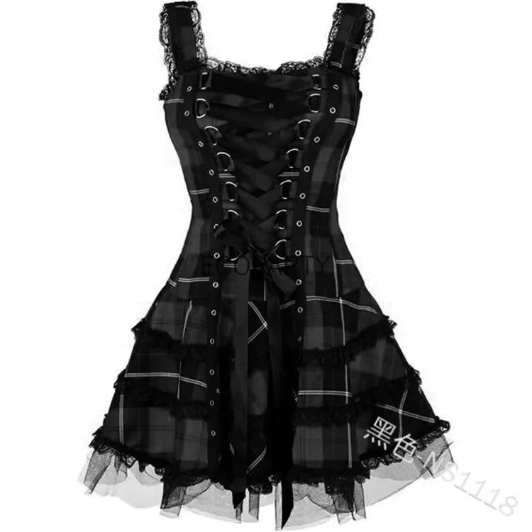 Lolita Gothic Punk Tartan Plaid Flared Dress