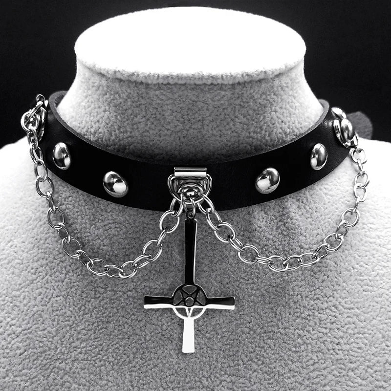 Punk Choker Gothic Satan Inverted Cross Necklace Satanic Jewellery