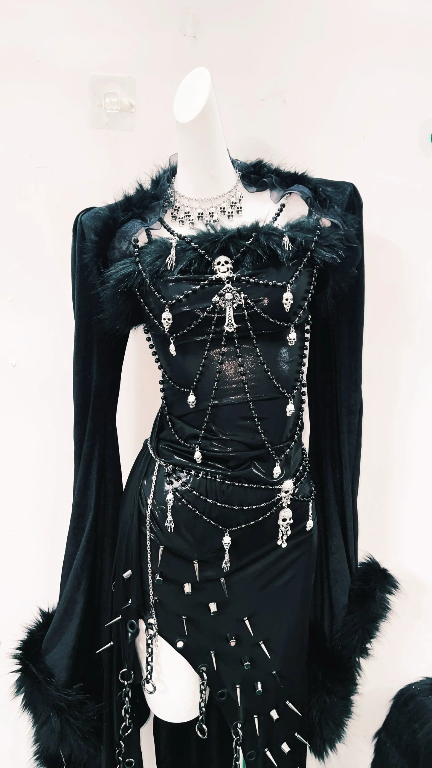 Unique Gothic Alternative Black Skull Studded Spike Asymmetrical Dress