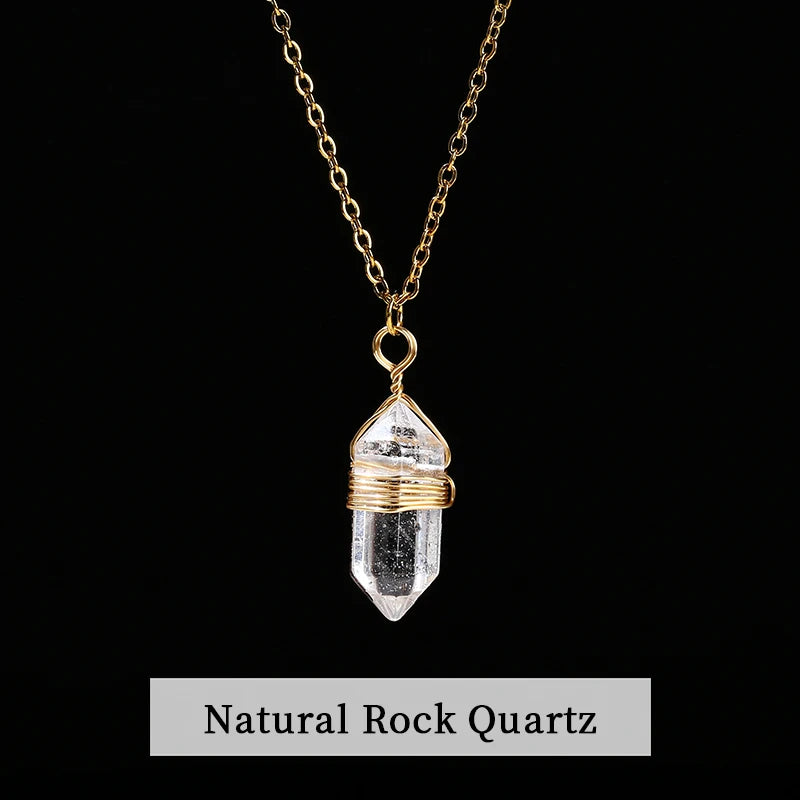 Crystal Pendant Necklace Handmade Stainless Steel Gift Pink Quartz Amethyst Hexagon
