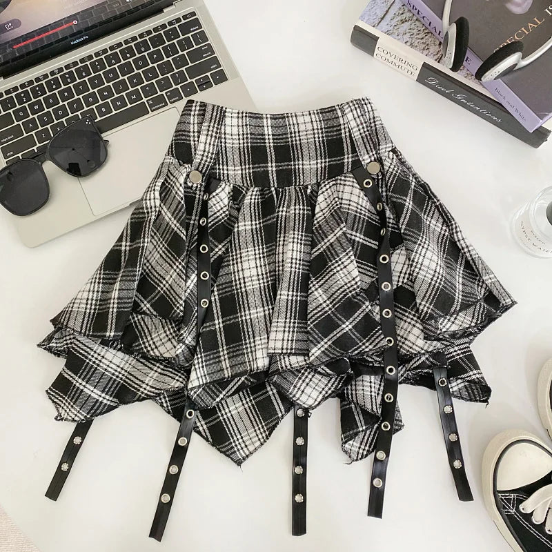 Punk Emo Black White Red Tartan Plaid Handkerchief Skirt