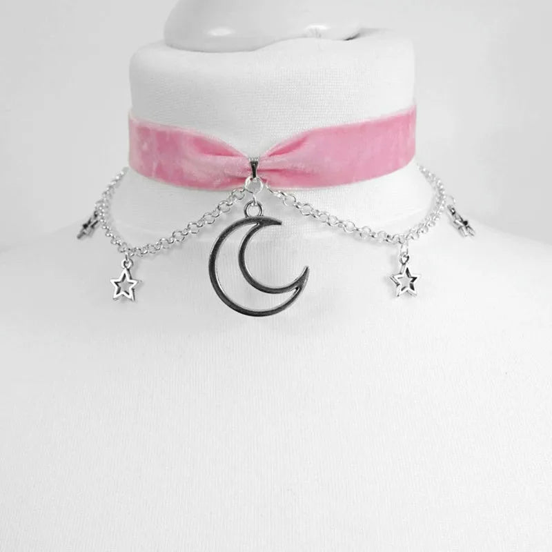 Gothic Chain Crescent Moon and Stars Choker Witch Necklace Silver Pendant Pagan