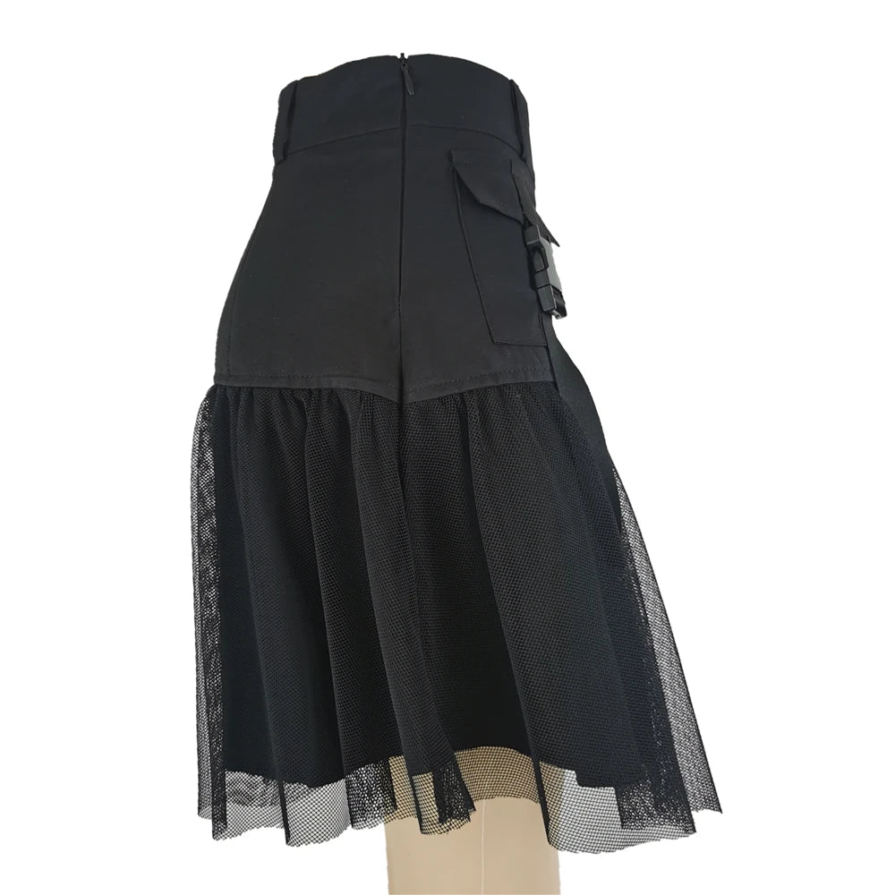 Black Punk Gothic Pleated Net Tulle Pockets Skirt
