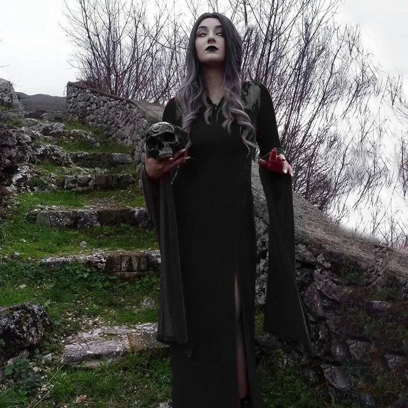 Sexy Black Gothic Velvet Lace Long Black Vampire Witch Dress