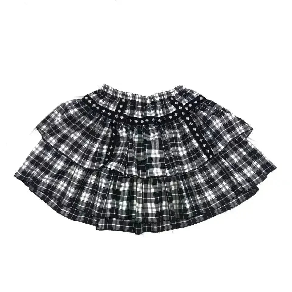 Punk Plaid Ruffle Skirt White Black Check Short Mini