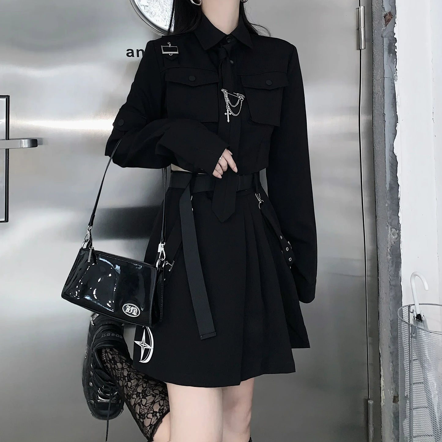 Alternative Gothic Punk Suit 2 Piece Black Cargo Utility Skirt and Shirt with Tie