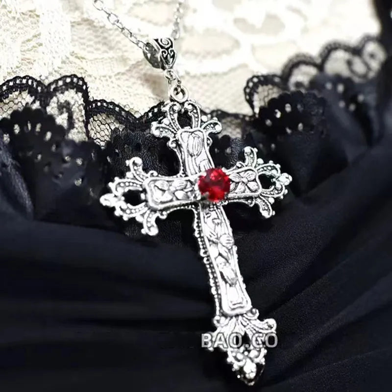 Gothic Victorian Punk Crystal Cross Pendant Necklace Gothic Chain