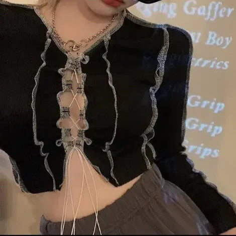 Sexy Drawstring Black Lace up Y2K Punk Crop Top