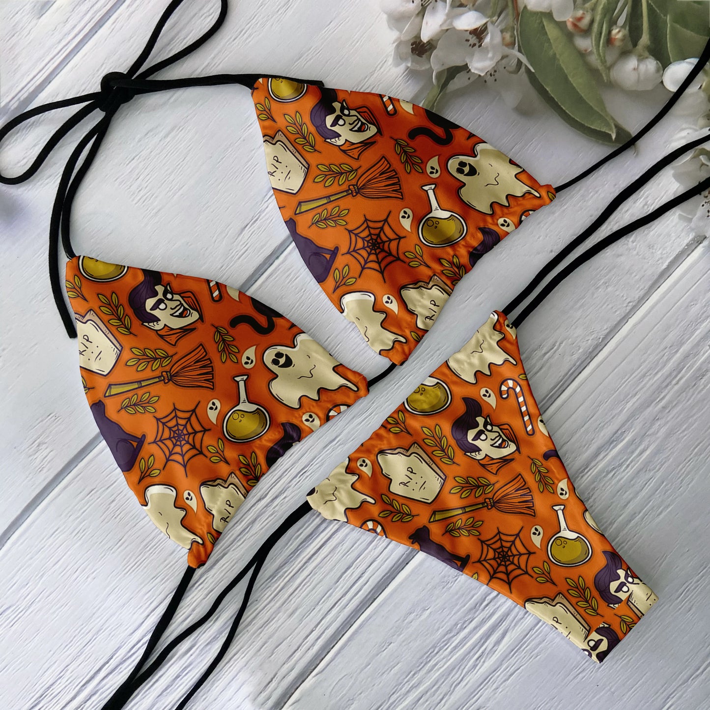 Sexy Halloween Gothic Skeleton Print Halter Bikini Swimwear