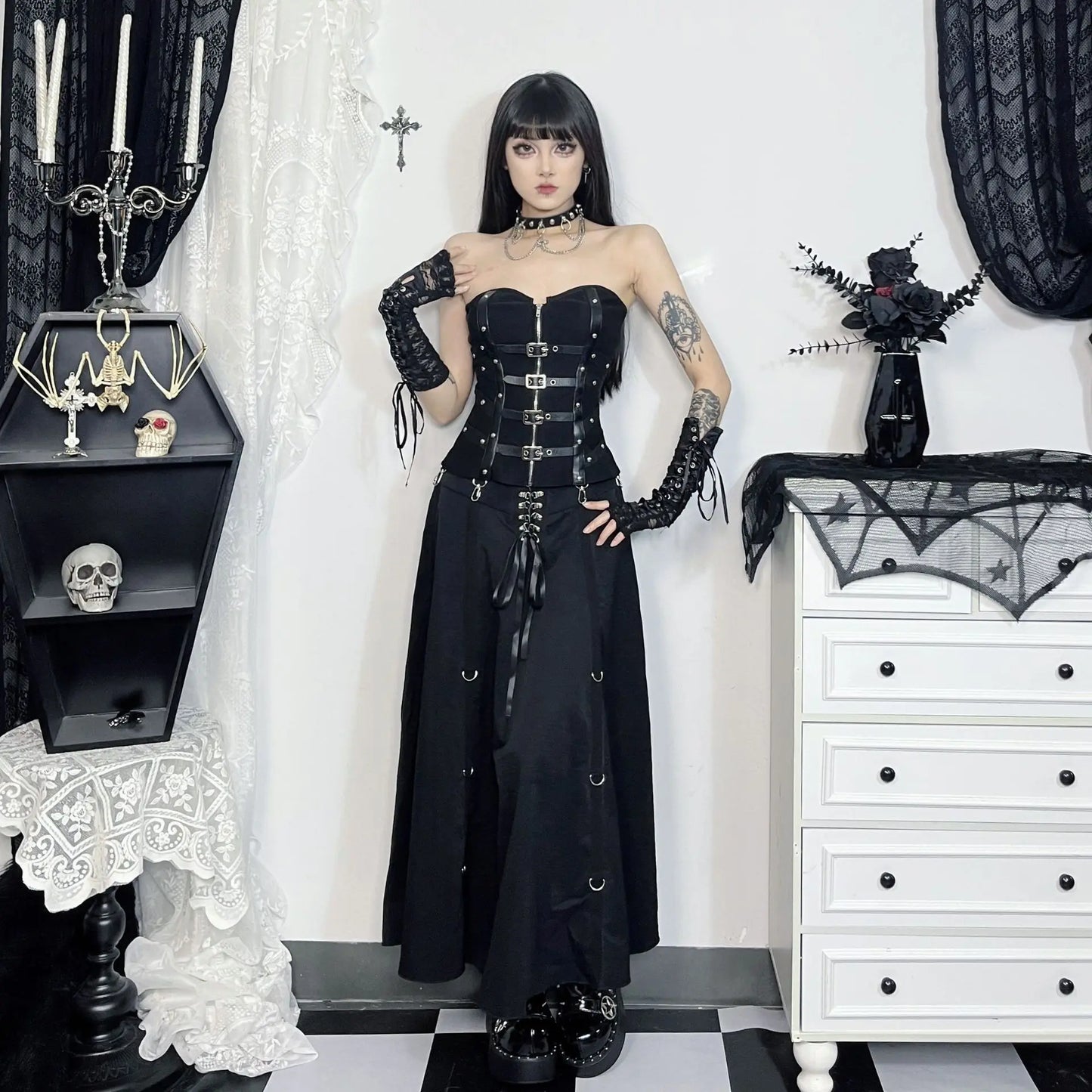 Alternative Punk Gothic Black Swing A-line Metal Buckle Skirt