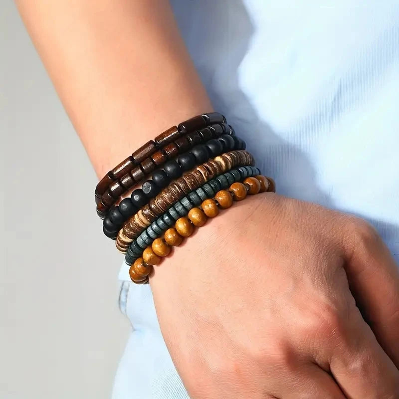 6pcs/set Fashion Men's Hand-beaded Bracelet Vintage Style Multi-layer Stretch Wood Bead Shell Charm Bracelet