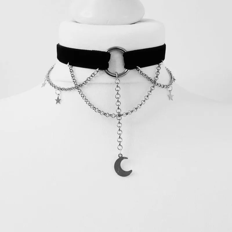Gothic Chain Crescent Moon and Stars Choker Witch Necklace Silver Pendant Pagan