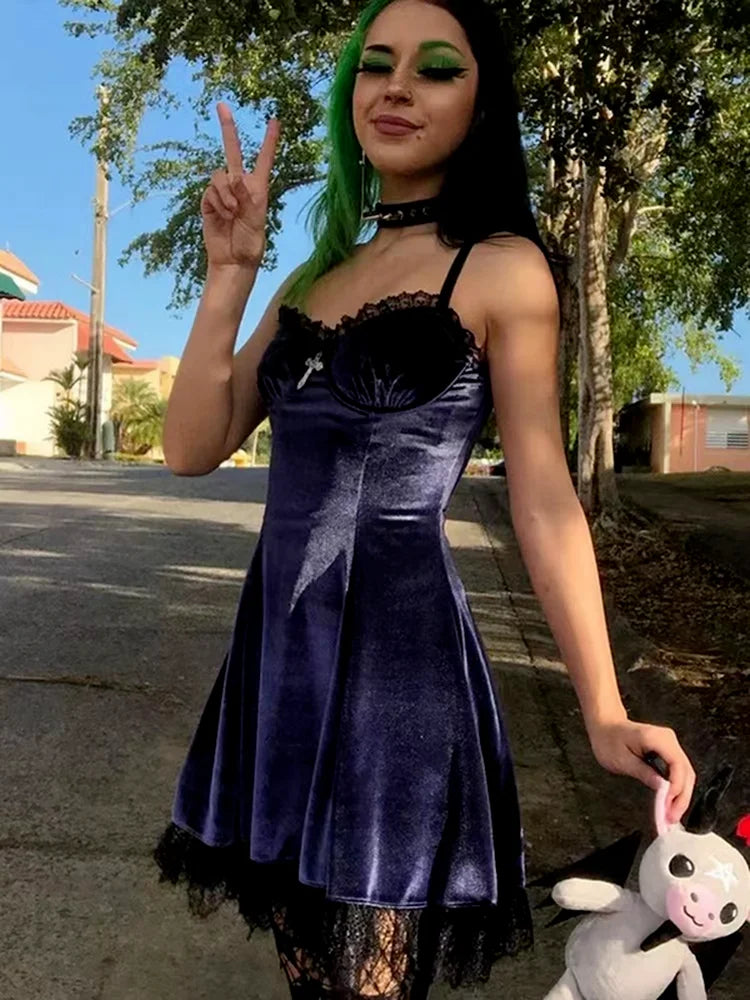 Velvet Gothic Sexy Purple Lace Mini Dress