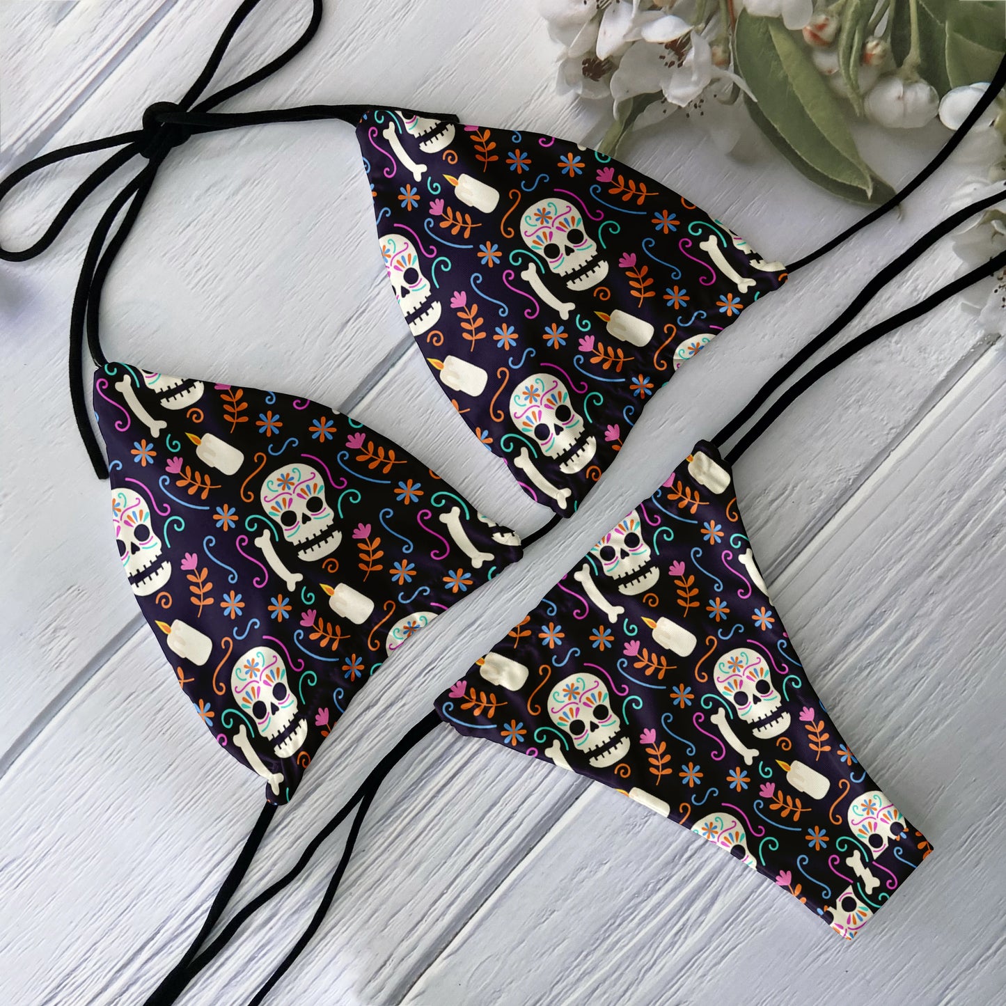 Sexy Gothic Skull Day of the Dead Print Purple Triangle Bikini Swimwear Swimsuit