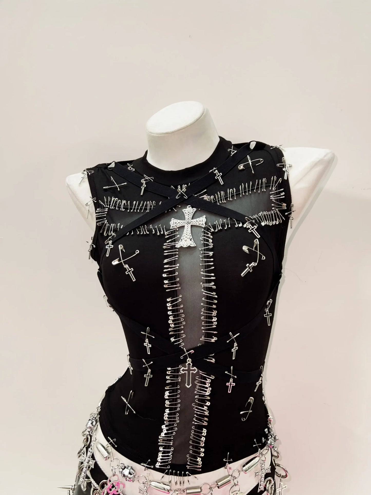 Black Punk Gothic Unique Customised TShirt Tank Top Vest Safety Pin