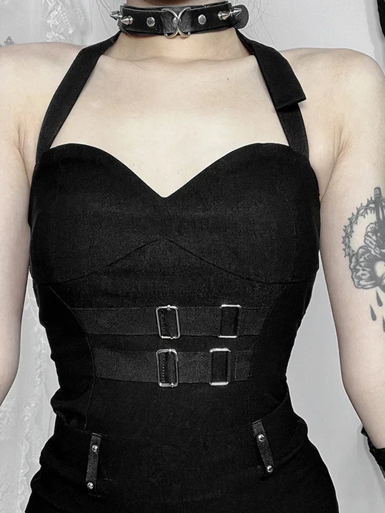 Sexy Black Gothic Halter Neck Strap Vest Top