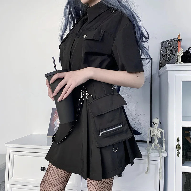 Black Gothic Punk Pleated Utility High Waist Skirt