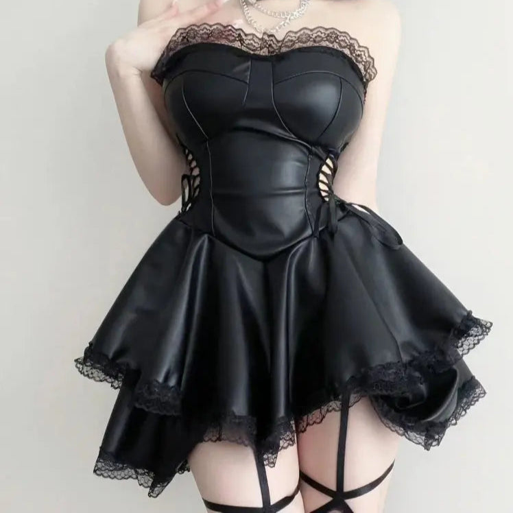 Gothic Punk Style Black Party Mini Dress Sexy Bondage PU Leather