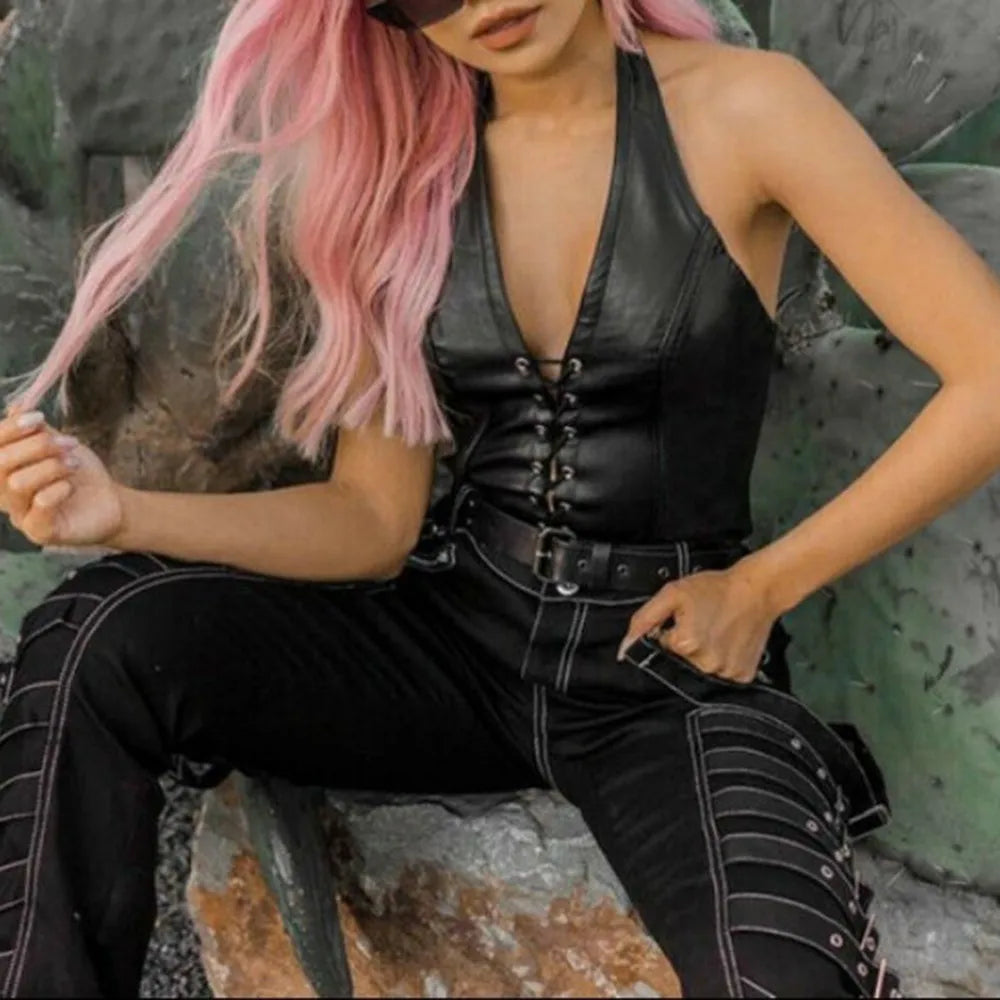 Sexy Lingerie Gothic Patent Leather Lace-Up Halter Vest Corset Top