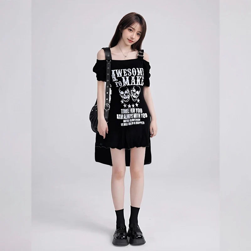Gothic Black Skull Buckle Strap Mini Dress TShirt Long Top