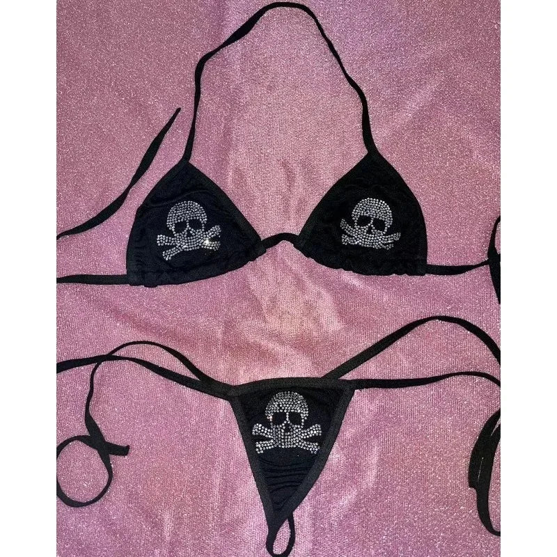 Sexy Gothic Skull Diamante Halter Bikini Swimwear