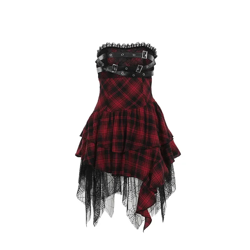 Punk Alternative Red Black Tartan Plaid Belt Buckle Lace Dress