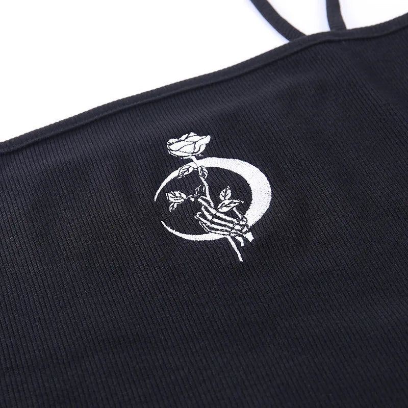 Gothic Black Moon Strappy Summer Crop Top