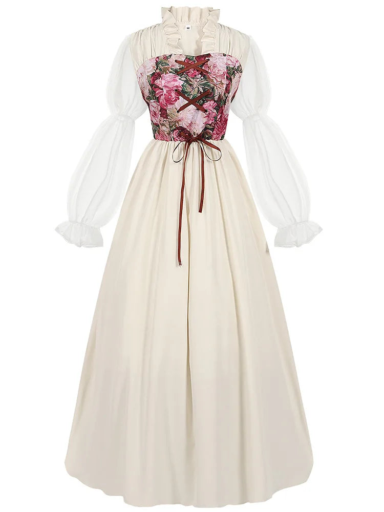 Medieval Renaissance Pirate Maid Elegant Floral Maxi Dress