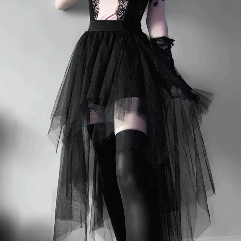 Gothic Long Black Net Tulle Tutu Ballerina Skirt Costume