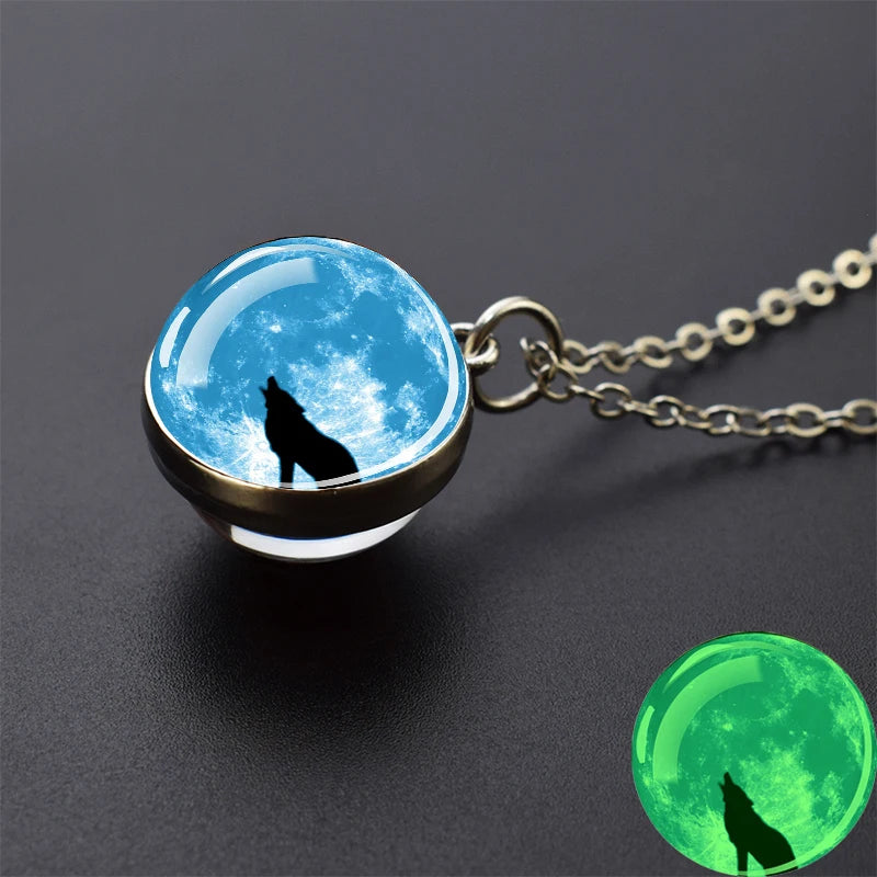 Glow in the Dark Wolf Necklaces Howling Wolf Head and Moon 2CM Glass Ball Pendant Double Sided