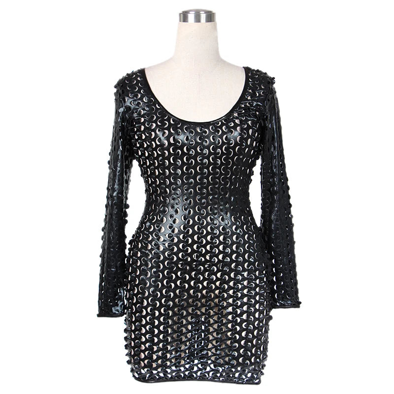 Sexy Gothic Vinyl Leather Long Sleeve Bodycon Dress Fetish Clubwear