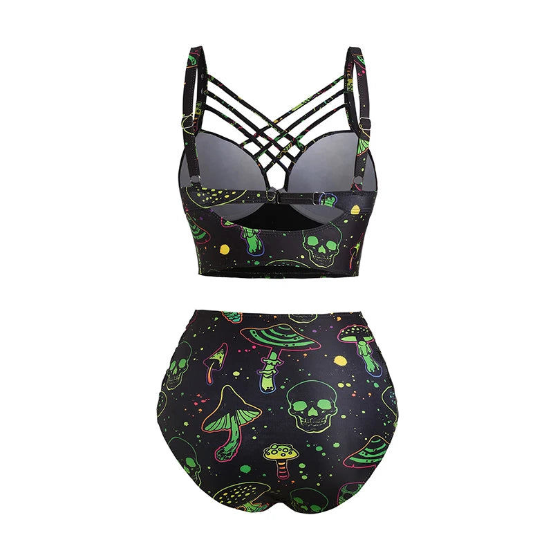 Skull Print Gothic Retro Vintage 1950s Bikini Two Piece Bathing Suit Swimwear