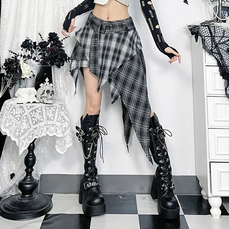 Goth Dark Punk Grunge Tartan Plaid Irregular Hem Short Skirts